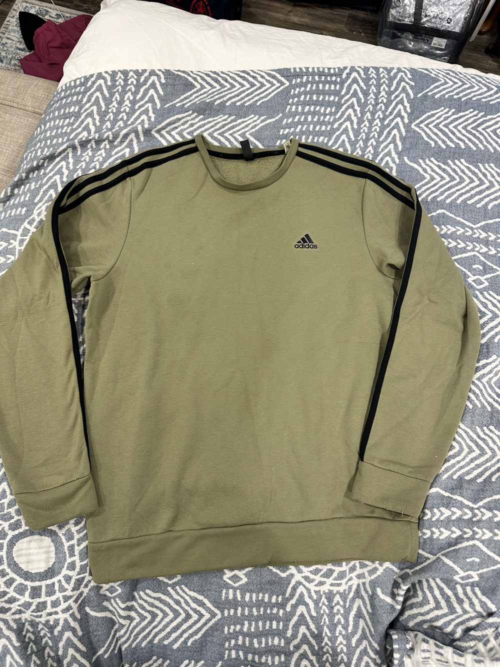 adidas Olive Crewneck Sweatshirt with Black Shoulder Stripes